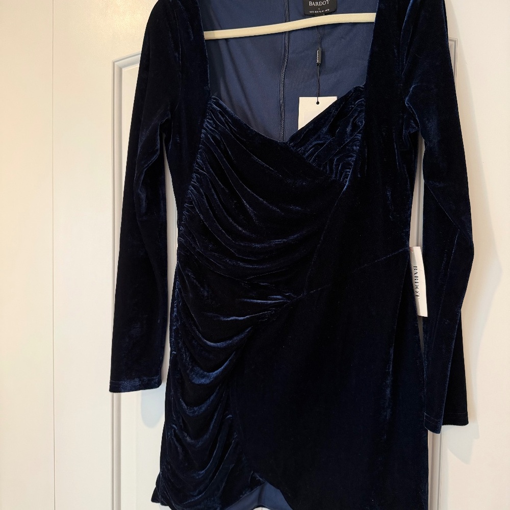 Bardot Navy Velour Long Sleeve Dress